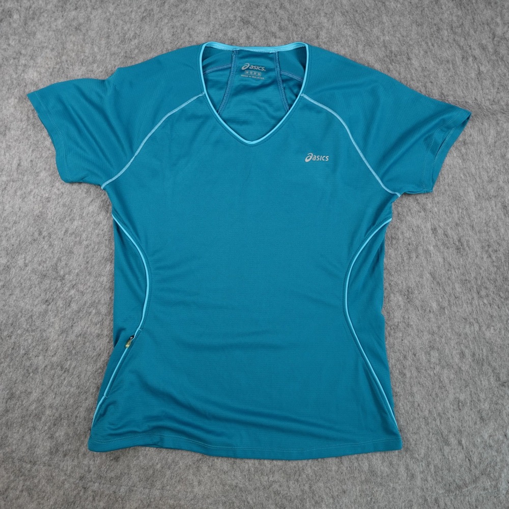 Asics Top Women Medium Teal V Neck Short Sleeve Athletic Running Shirt WR1137